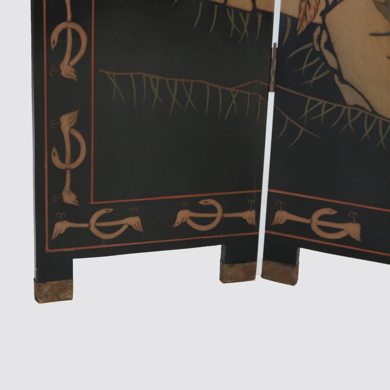 Vintage Japanese Black Lacquered, Gilt & Polychromed Four Panel Folding Screen