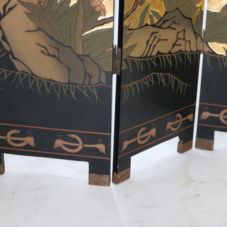 Vintage Japanese Black Lacquered, Gilt & Polychromed Four Panel Folding Screen