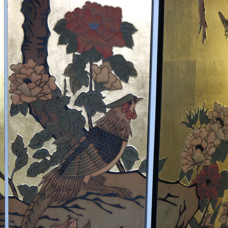 Vintage Japanese Black Lacquered, Gilt & Polychromed Four Panel Folding Screen