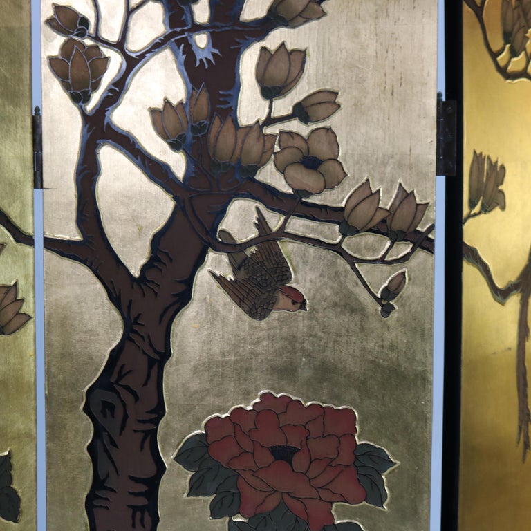Vintage Japanese Black Lacquered, Gilt & Polychromed Four Panel Folding Screen