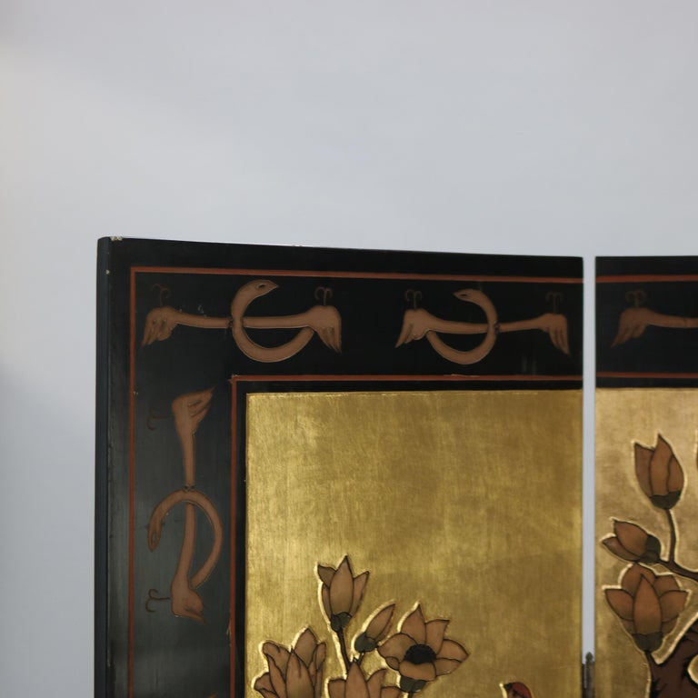 Vintage Japanese Black Lacquered, Gilt & Polychromed Four Panel Folding Screen