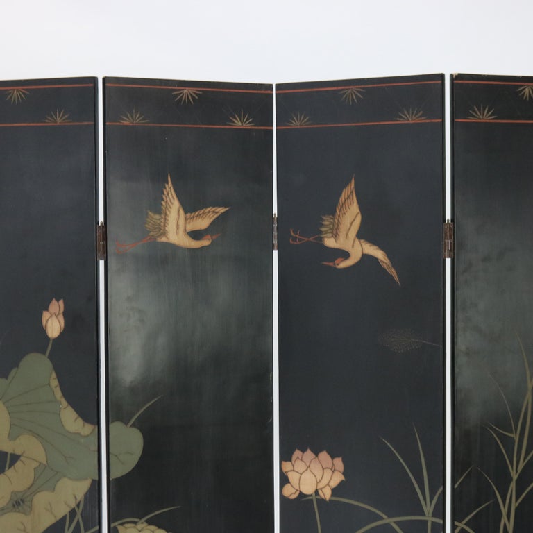 Vintage Japanese Black Lacquered, Gilt & Polychromed Four Panel Folding Screen