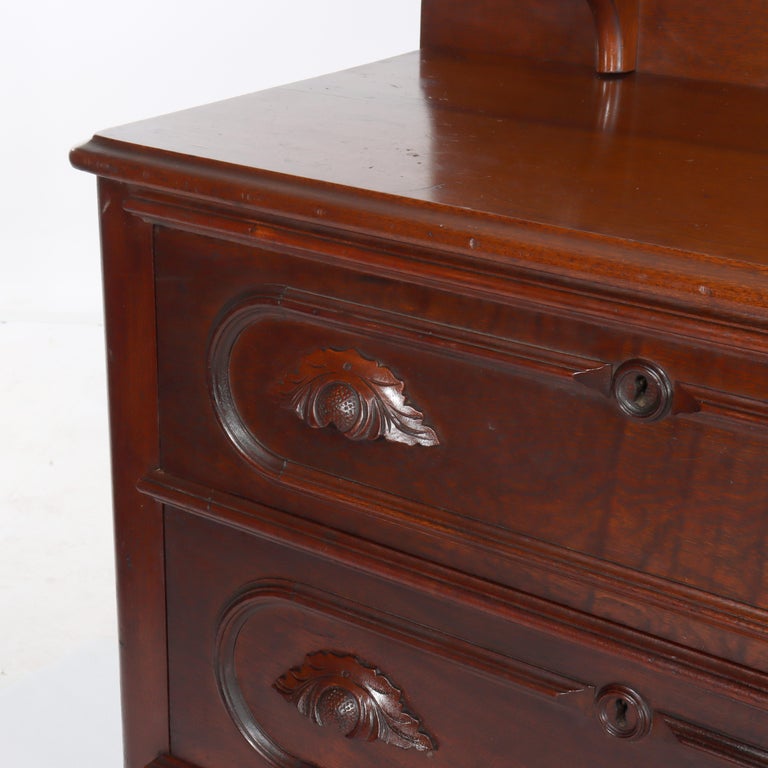 Antique Carved Walnut 3-Drawer Commode With Backsplash & Shelves c1890