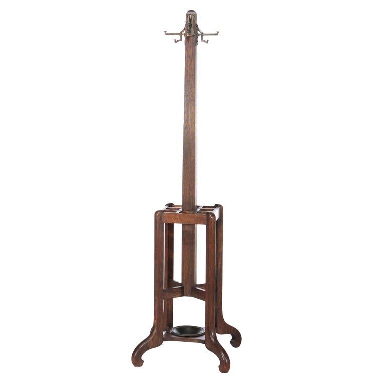 Antique Stickley School Arts & Crafts Oak Hat Rack & Umbrella Stand C1920