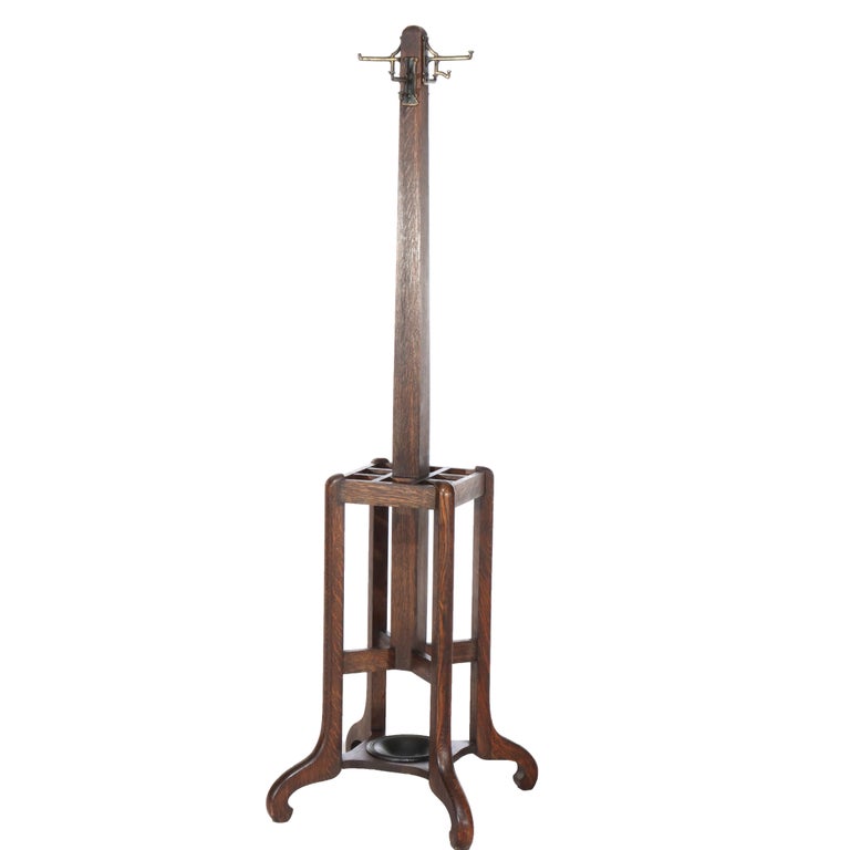 Antique Stickley School Arts & Crafts Oak Hat Rack & Umbrella Stand C1920