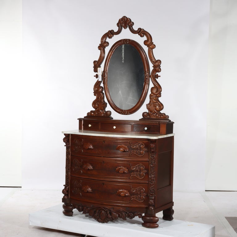 Antique Victorian Rococo Carved Walnut Marble Top Dresser With Mirror c1890