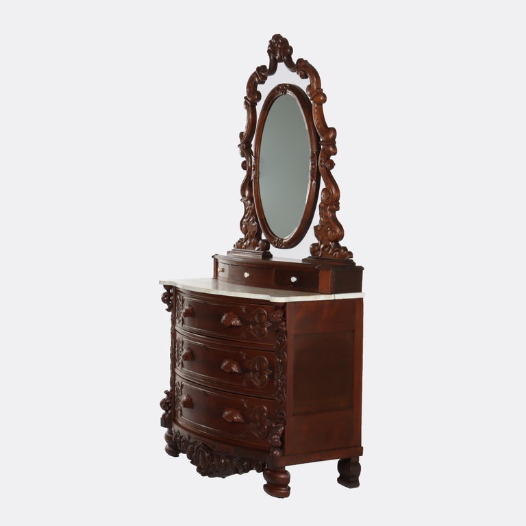 Antique Victorian Rococo Carved Walnut Marble Top Dresser With Mirror c1890