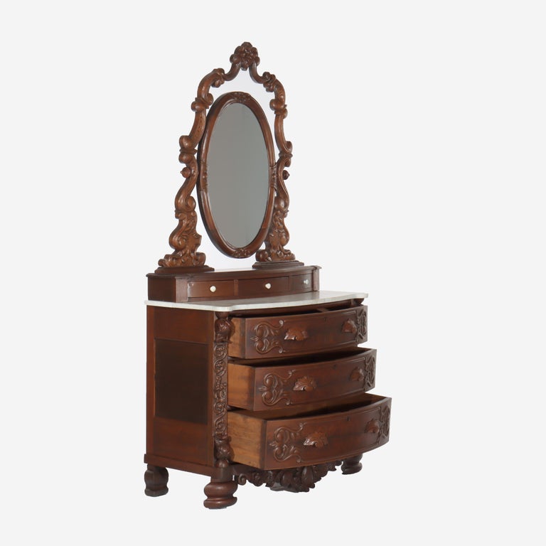 Antique Victorian Rococo Carved Walnut Marble Top Dresser With Mirror c1890