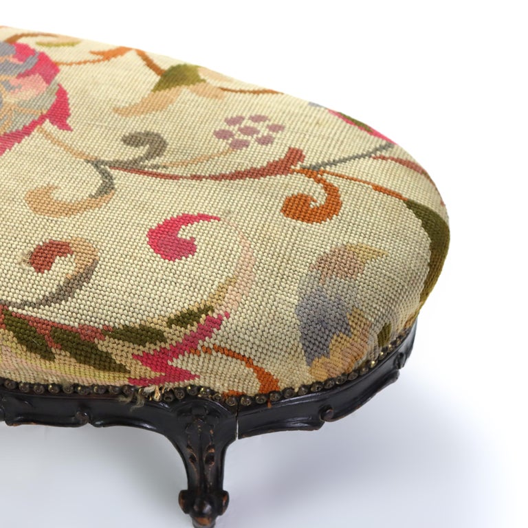 Antique Louis XIV Style Carved Walnut Tapestry Long Footstool C1890
