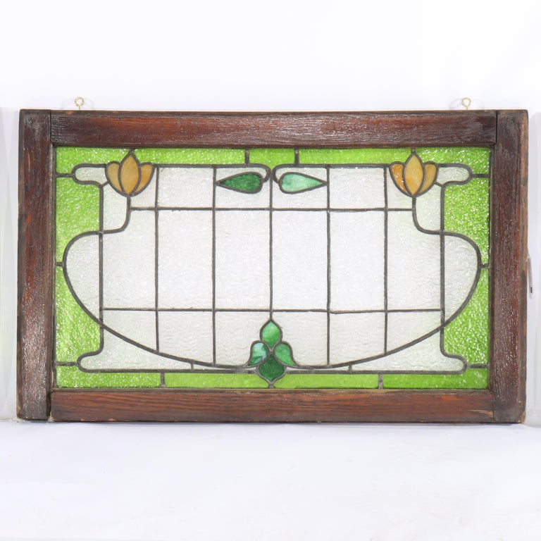 Set of Three Antique Stylized Arts & Crafts Stained Glass Windows C1910