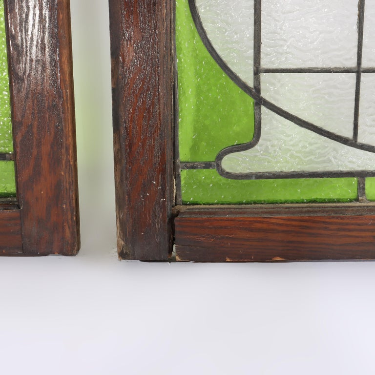 Set of Three Antique Stylized Arts & Crafts Stained Glass Windows C1910