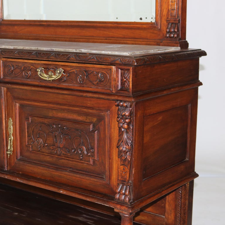 Antique Figural Carved & Gadrooned Edge Walnut Hunt Board Mirrored Server c1890