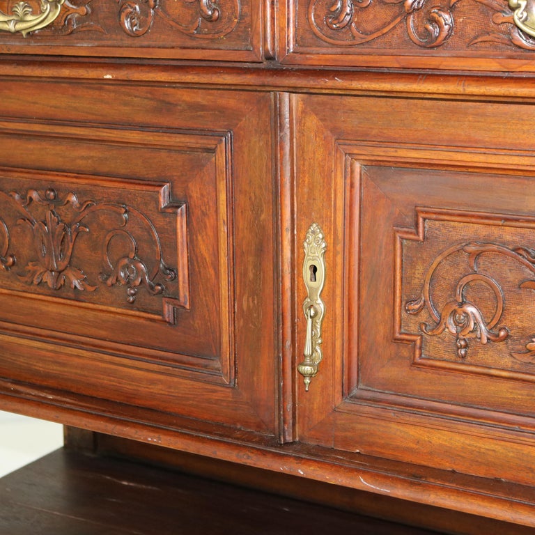 Antique Figural Carved & Gadrooned Edge Walnut Hunt Board Mirrored Server c1890