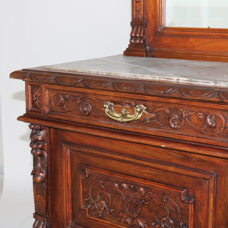Antique Figural Carved & Gadrooned Edge Walnut Hunt Board Mirrored Server c1890