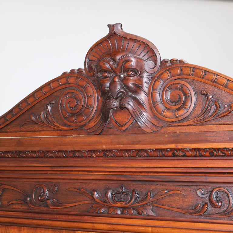 Antique Figural Carved & Gadrooned Edge Walnut Hunt Board Mirrored Server c1890