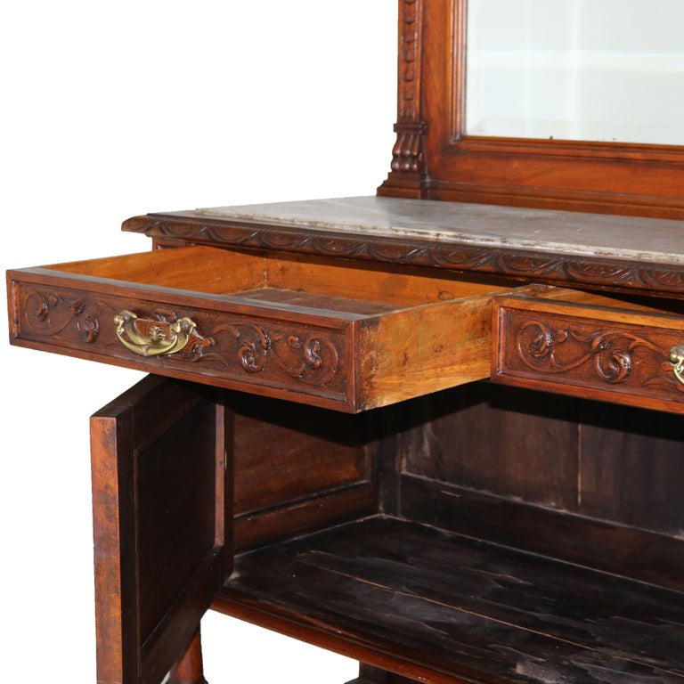 Antique Figural Carved & Gadrooned Edge Walnut Hunt Board Mirrored Server c1890