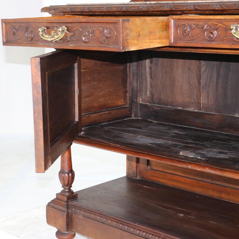 Antique Figural Carved & Gadrooned Edge Walnut Hunt Board Mirrored Server c1890
