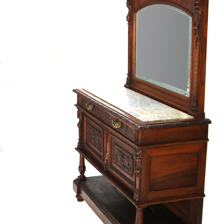 Antique Figural Carved & Gadrooned Edge Walnut Hunt Board Mirrored Server c1890