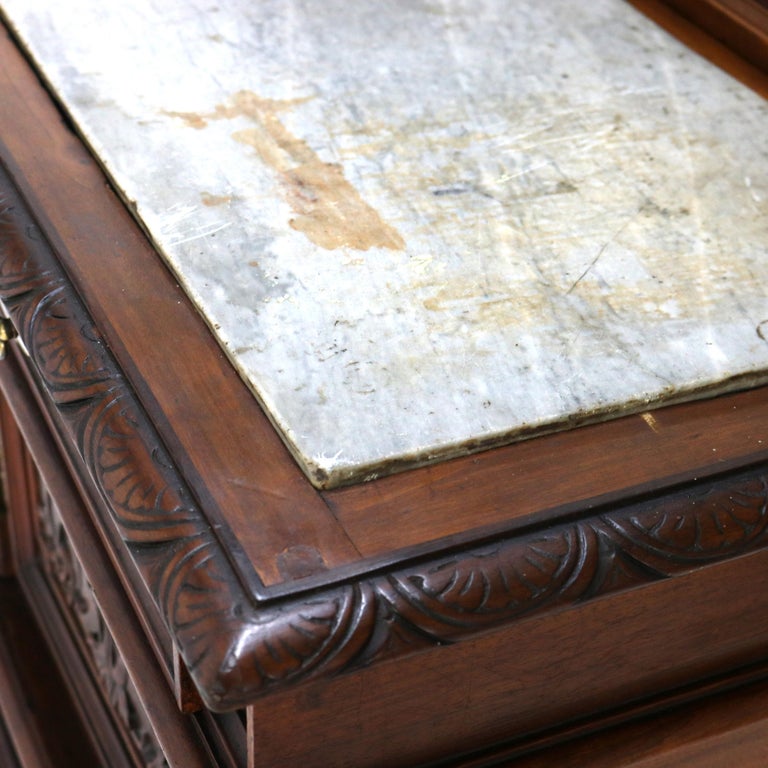Antique Figural Carved & Gadrooned Edge Walnut Hunt Board Mirrored Server c1890