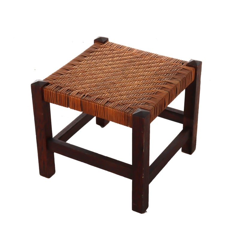 Antique Stickley Arts & Crafts Mission Oak Splint Weave Footstool c1920