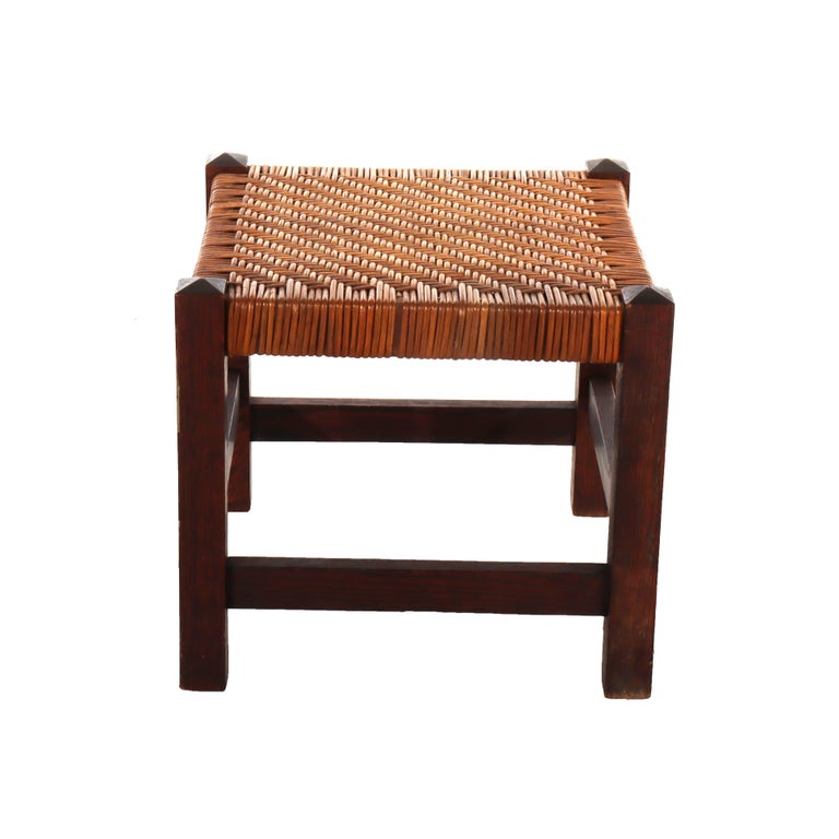 Antique Stickley Arts & Crafts Mission Oak Splint Weave Footstool c1920