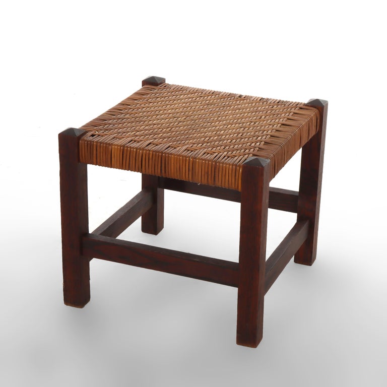 Antique Stickley Arts & Crafts Mission Oak Splint Weave Footstool c1920