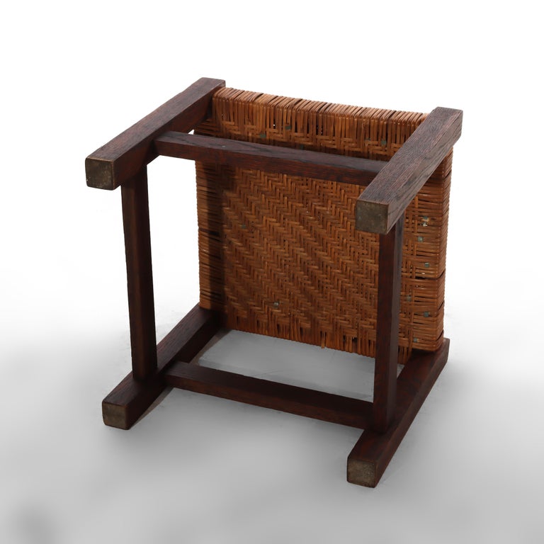 Antique Stickley Arts & Crafts Mission Oak Splint Weave Footstool c1920