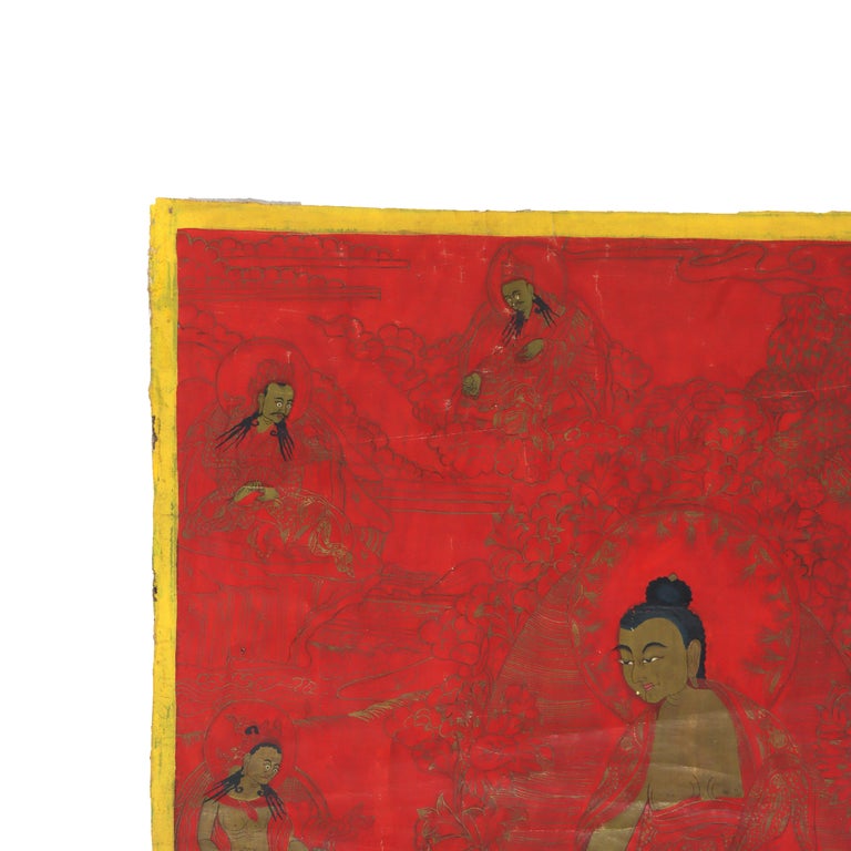 Antique Tibetan Thangka Painting with Figures, Red Ground, Signed 19thC