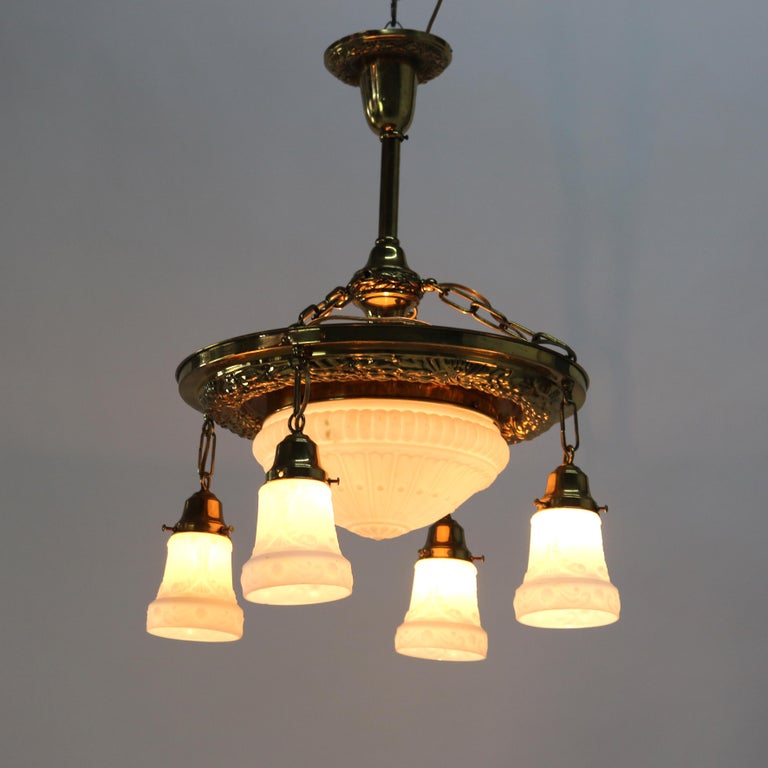 Antique Brass Hanging Fixture with Milk Glass Center Dome & Shades C1920