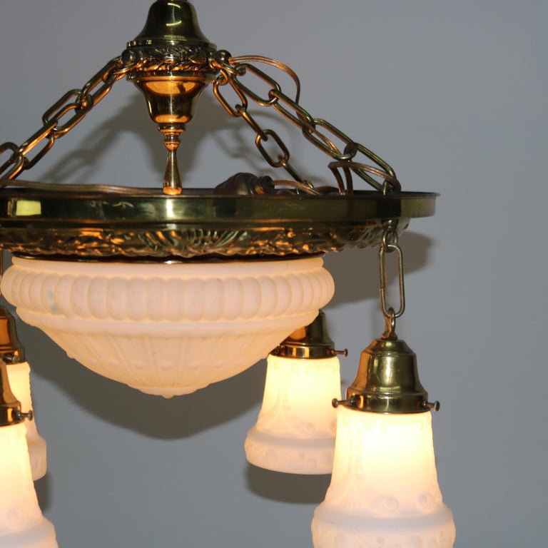 Antique Brass Hanging Fixture with Milk Glass Center Dome & Shades C1920
