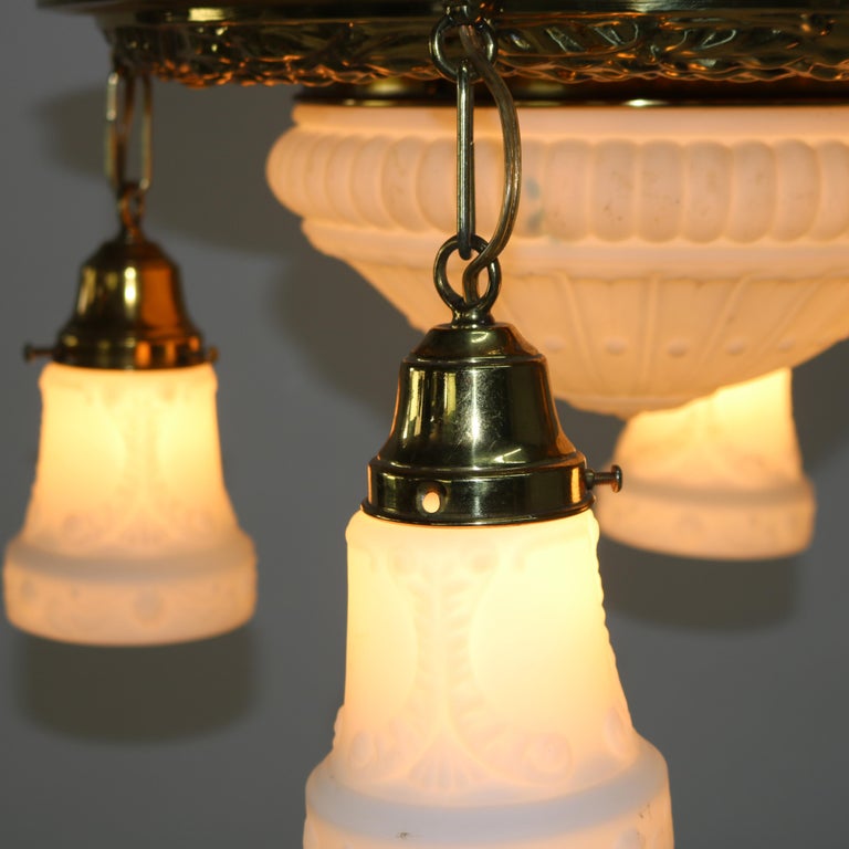 Antique Brass Hanging Fixture with Milk Glass Center Dome & Shades C1920