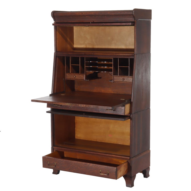 Antique Globe Wernicke School 3 Stack Drop Front Barrister Bookcase c1920