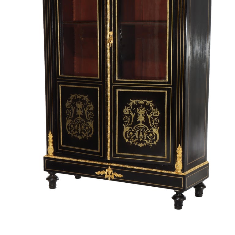 Antique French Louis XVI Style Ebonized & Gilt Bookcase With Ormolu Mounts 20thC