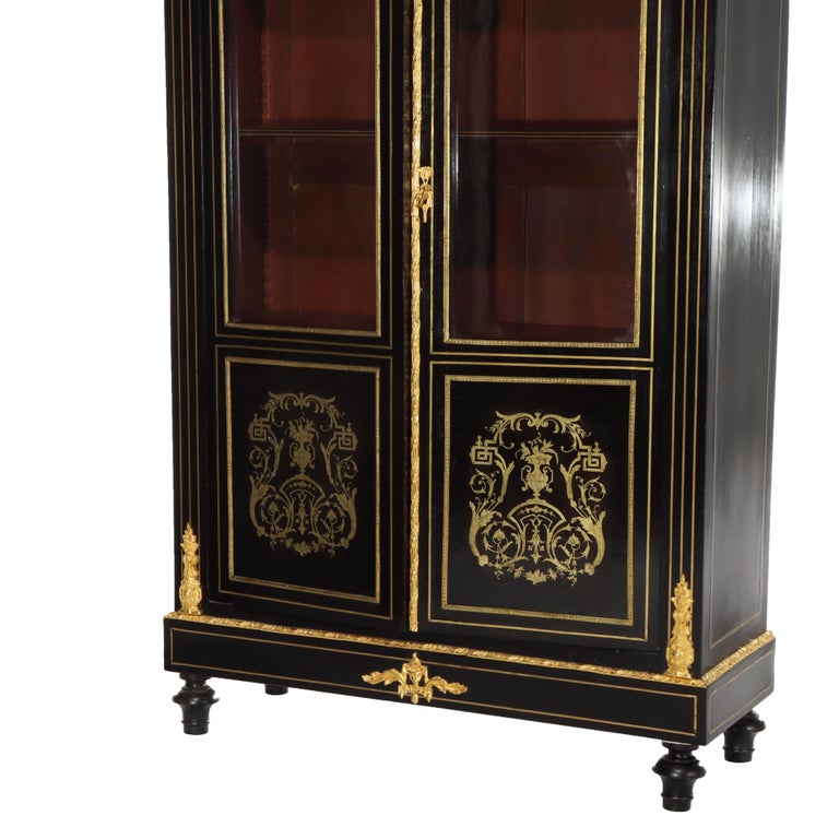 Antique French Louis XVI Style Ebonized & Gilt Bookcase With Ormolu Mounts 20thC
