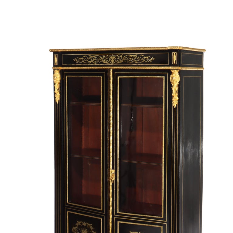 Antique French Louis XVI Style Ebonized & Gilt Bookcase With Ormolu Mounts 20thC
