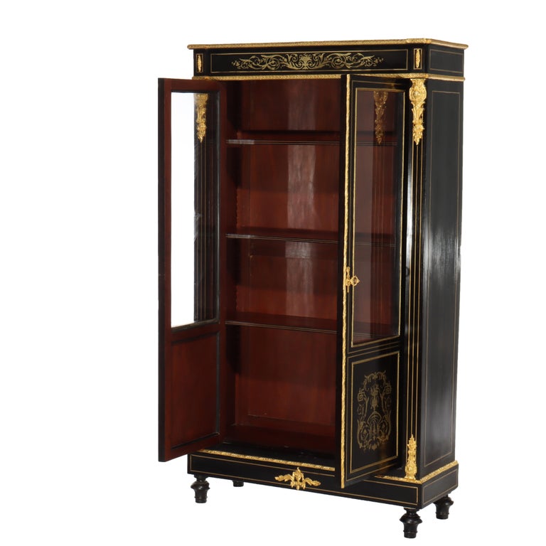 Antique French Louis XVI Style Ebonized & Gilt Bookcase With Ormolu Mounts 20thC