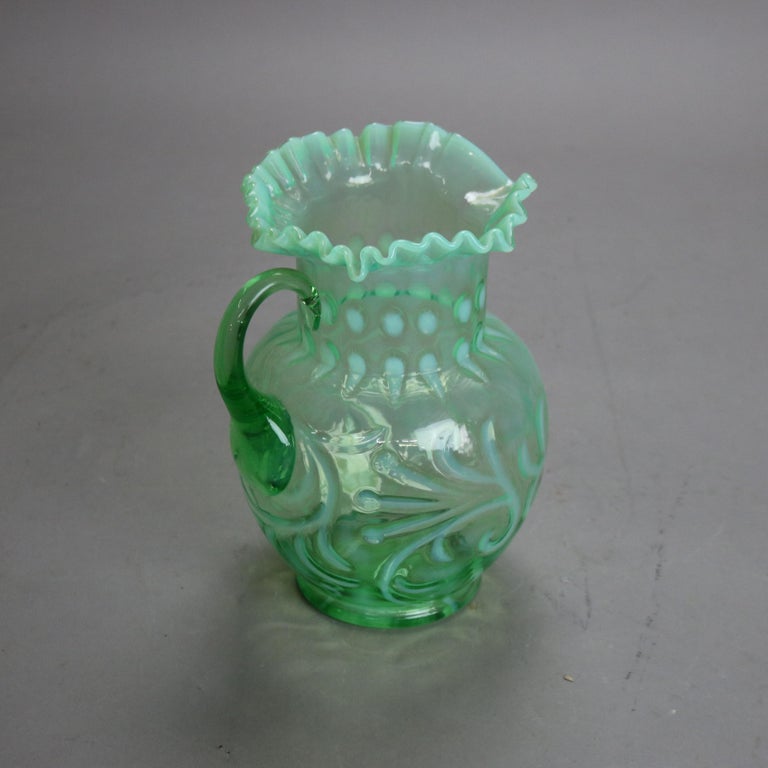 Antique Victorian Green & Opalescent Glass Pitcher with Ruffled Rim C1900