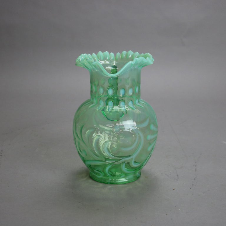 Antique Victorian Green & Opalescent Glass Pitcher with Ruffled Rim C1900