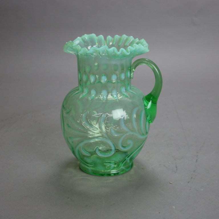 Antique Victorian Green & Opalescent Glass Pitcher with Ruffled Rim C1900