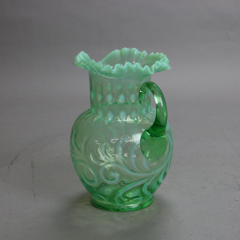 Antique Victorian Green & Opalescent Glass Pitcher with Ruffled Rim C1900