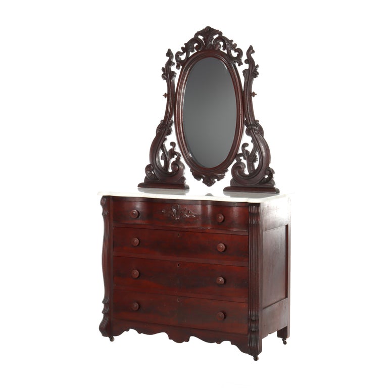 Antique Belter School Rococo Revival Carved Flame Mahogany Mirrored Dresser