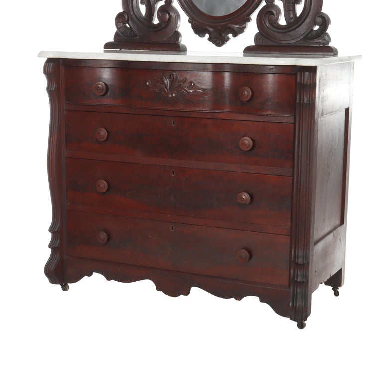 Antique Belter School Rococo Revival Carved Flame Mahogany Mirrored Dresser