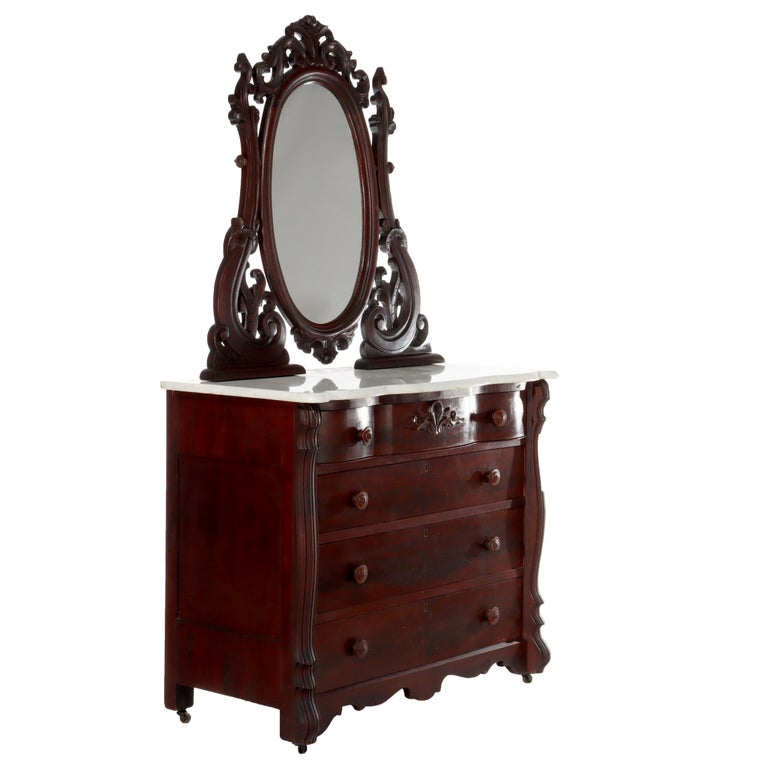 Antique Belter School Rococo Revival Carved Flame Mahogany Mirrored Dresser