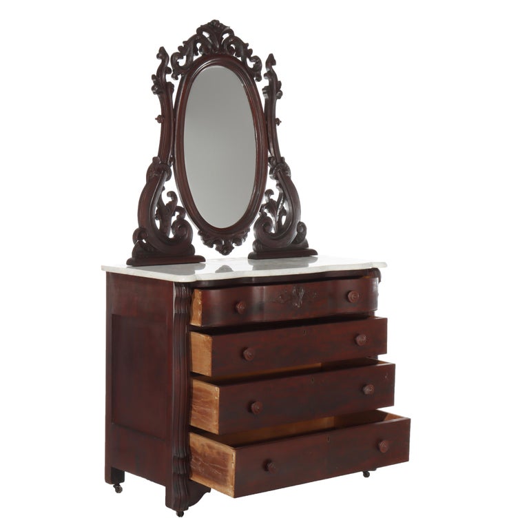 Antique Belter School Rococo Revival Carved Flame Mahogany Mirrored Dresser