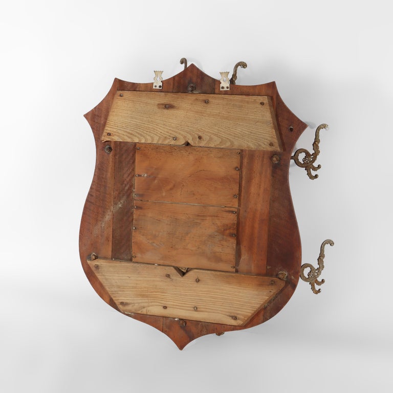 Antique Shield Form Walnut Mirrored Hat Rack With Six Hooks c1890