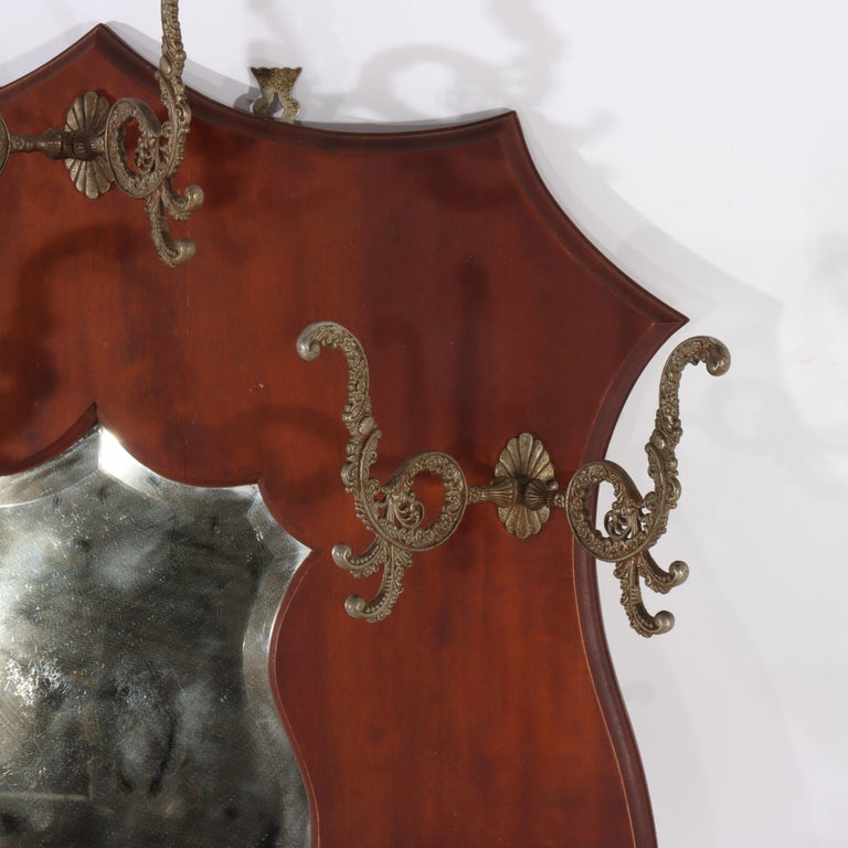 Antique Shield Form Walnut Mirrored Hat Rack With Six Hooks c1890