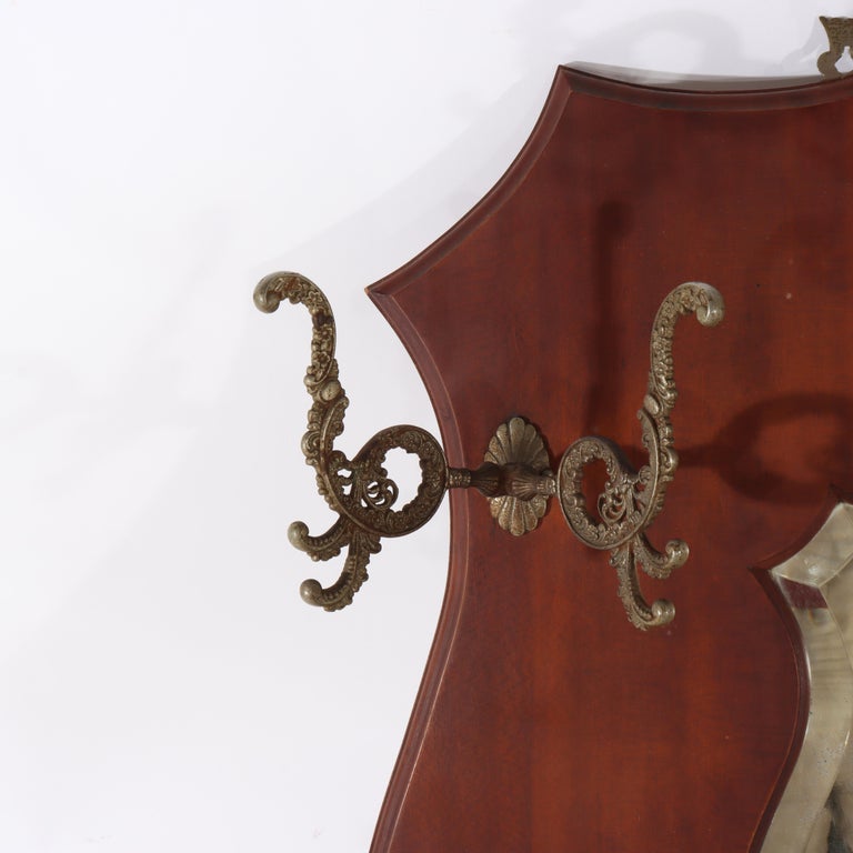 Antique Shield Form Walnut Mirrored Hat Rack With Six Hooks c1890