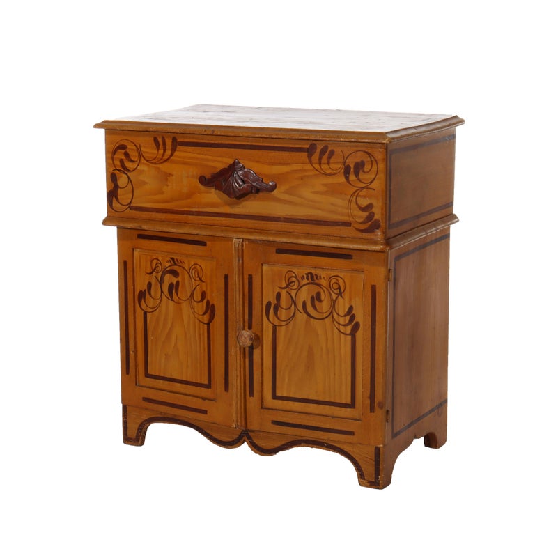 Antique Faux Painted Chestnut Lift Top 2-Door Stenciled Commode c1890