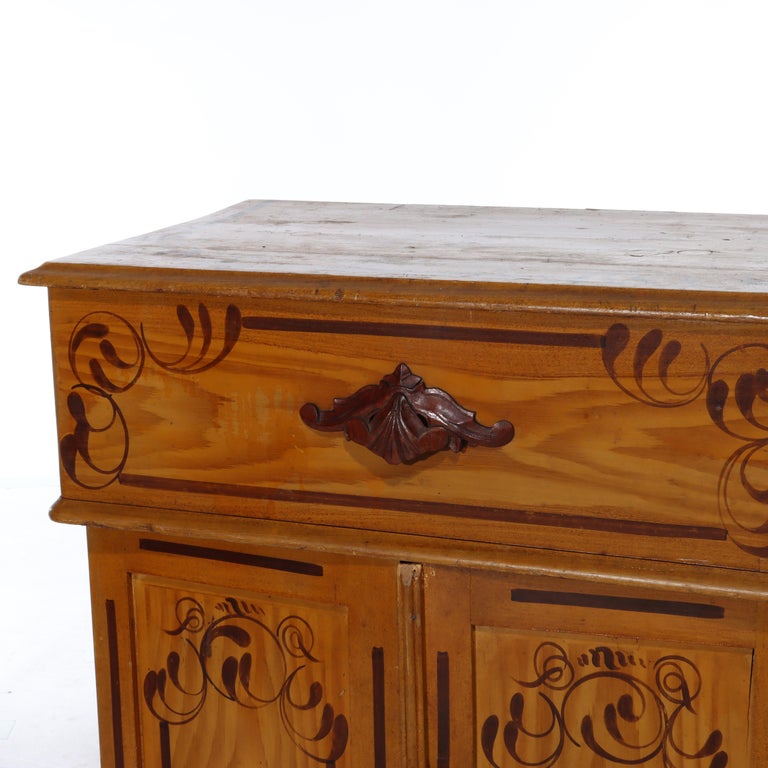 Antique Faux Painted Chestnut Lift Top 2-Door Stenciled Commode c1890