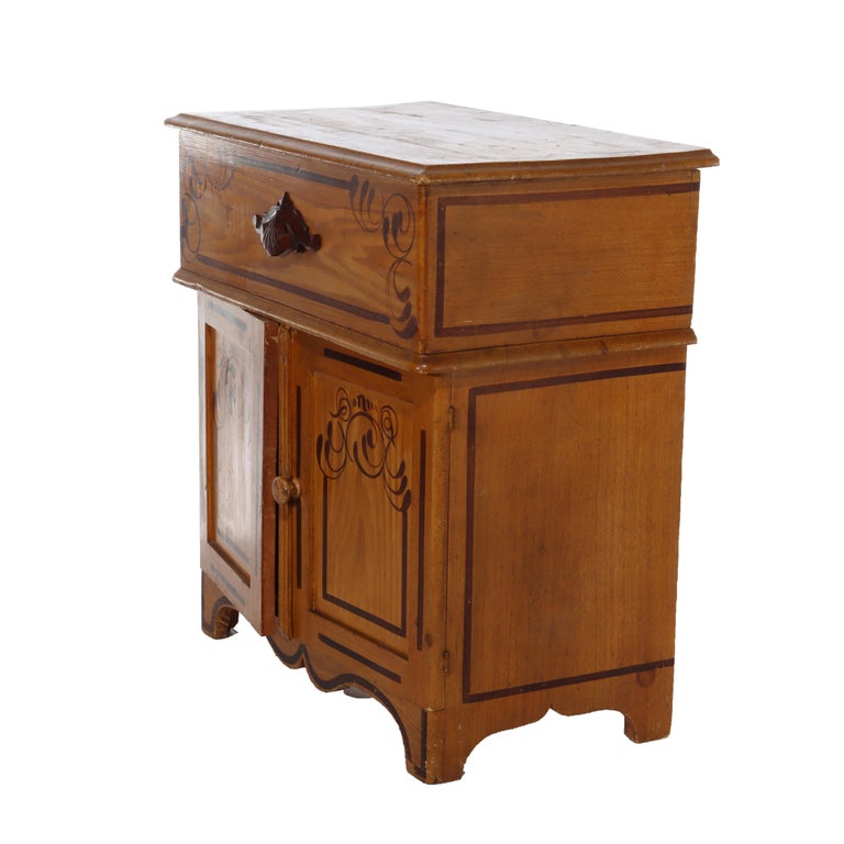 Antique Faux Painted Chestnut Lift Top 2-Door Stenciled Commode c1890